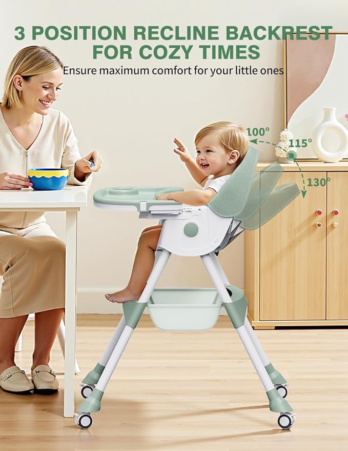 High Chairs for Babies and Toddlers, 4 in 1 Convertible Baby High Chair, Portable High Chair for Travel with Adjustable Height and Back, Foldable HighChair with Wheels& Pu Cushion