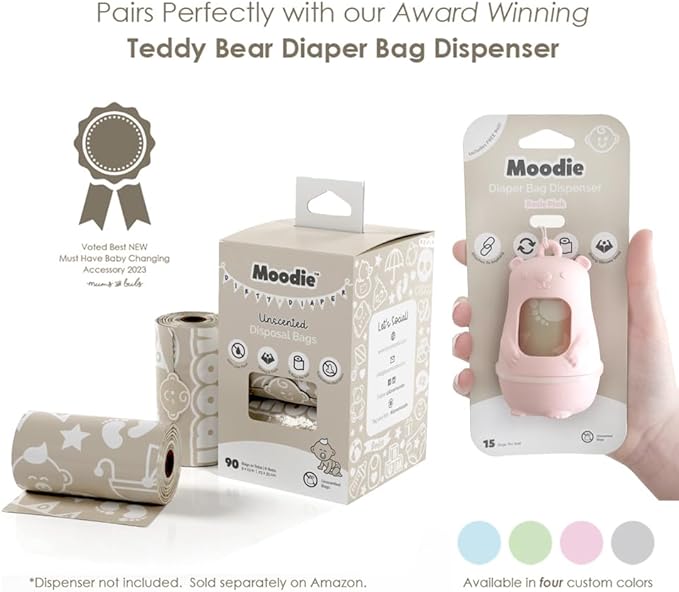 Moodie Teddy Bear Dispenser | Diaper Trash Bags on the Go Dispenser w/Silicon Strap | 15 UNSCENTED Baby Poop Bags per Roll | Dirty Diaper Bag Dispenser Disposable | Diaper Waste Bags (PINK)