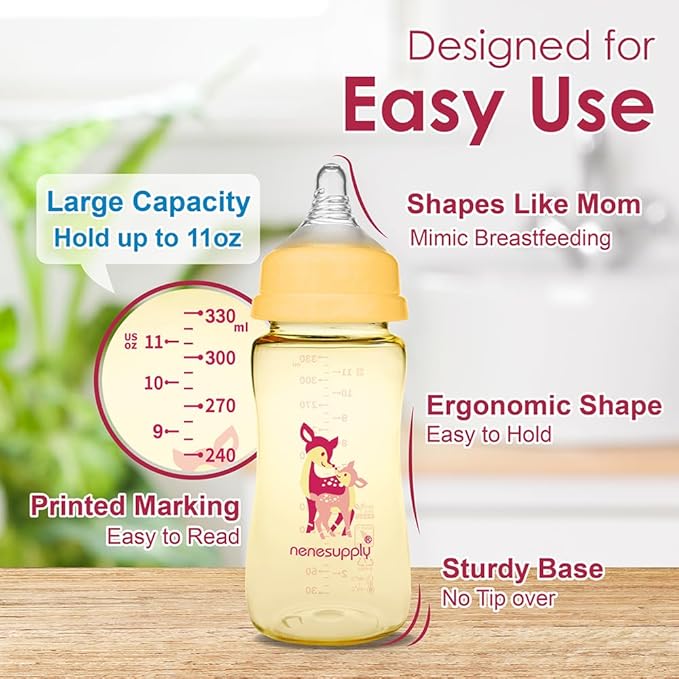 Nenesupply PPSU Baby Bottles Newborn Feeding Bottles Slow Flow Breastfeeding Bottle for Breastfed Babies Wide Mouth 11oz Anti Colic Level 2 Nipple for 1+ Month Infant Replace Spectra Bottle Pumping