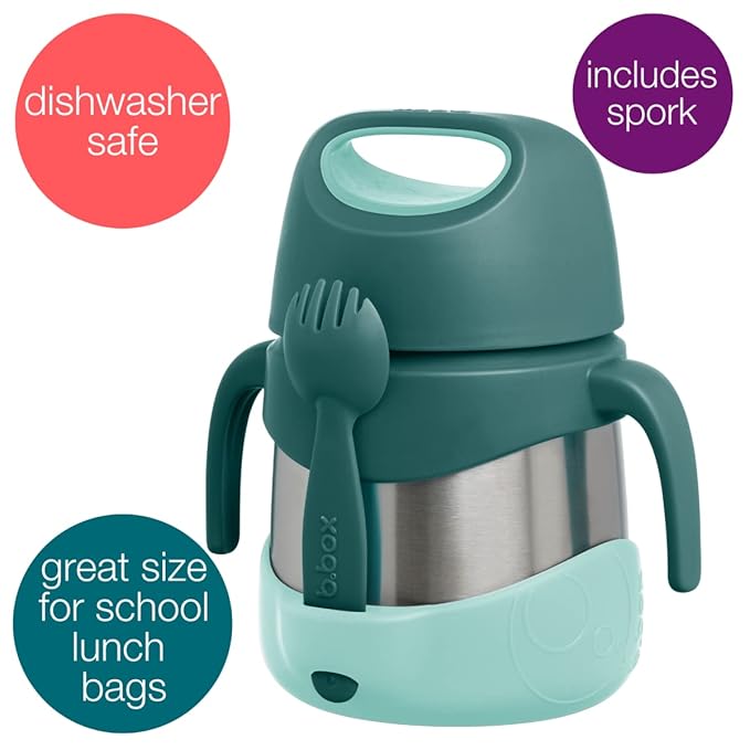 b.box Insulated Food Jar with Spork for Toddlers | Easy Open Container | Stainless Steel, 5hrs+ of Perfect Temperatures | Dishwasher Safe, BPA Free (Emerald Forest, 11oz)