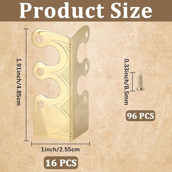 CRASPIRE 16Pcs Baseboard Corner Protectors Vintage Metal Rustic Decorative Guards Skirting Board Golden Safety Bracket with Screws for Wood Furniture Table Wall Edge Cover File Boxes Bookshelves