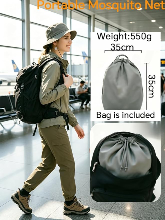 CMINGJ Portable Mosquito Net, Foldable Pop-Up Travel Bed Net, Free Installation Mosquito Tent, for Adults Bedroom Camping Nap Patio L78 x W39 x H35 inch (Double Door with Fabric Bottom & Gray Edge)