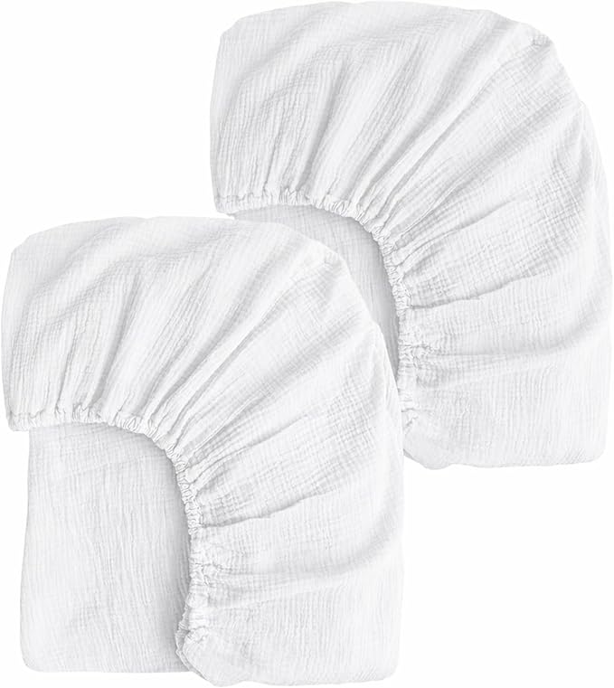 2 Pack White Muslin Mini Crib Sheets for Girl and Boy- Neutral Breathable Mini Crib Mattress Sheets Fitted for 24"x 38" -Nursery Décor Soft No Slip Crib Bed Sheets