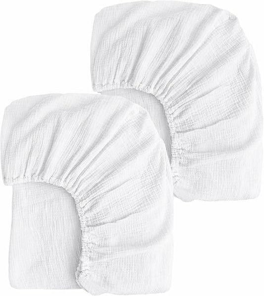 2 Pack White Muslin Mini Crib Sheets for Girl and Boy- Neutral Breathable Mini Crib Mattress Sheets Fitted for 24"x 38" -Nursery Décor Soft No Slip Crib Bed Sheets