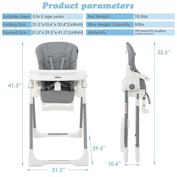INFANS High Chair for Babies & Toddlers, Foldable Highchair with Multiple Adjustable Backrest Footrest Seat Height, Removable Tray, Detachable PU Leather Cushion, Built-in Rear Wheels (Light Grey)