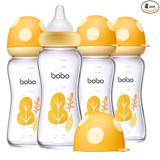 YOHKOH Natural Glass Baby Bottle with Level 2 Medium Flow Nipple, Newborn Anti-Colic Baby Bottles, Wide Neck Mushroom Baby Glass Bottle (Yellow, (8.8oz (Pack of 4))