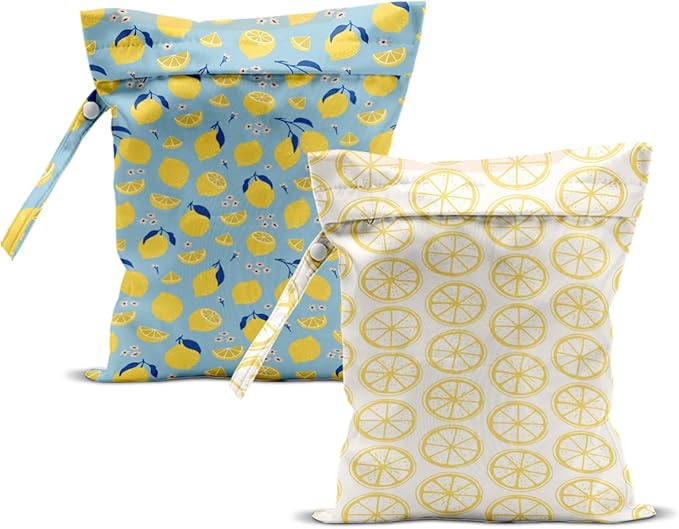 ZHAMEN 2Pcs Wet Bag, Wet Dry Bag Reusable with Zipper, Travel, Beach, Pool, Diapers, Baby Clothes, Dirty Yoga Gym Clothes, Makeup Bag, Waterproof Wetdry Packing, Summer Lemon Decor (12x10 Inch)
