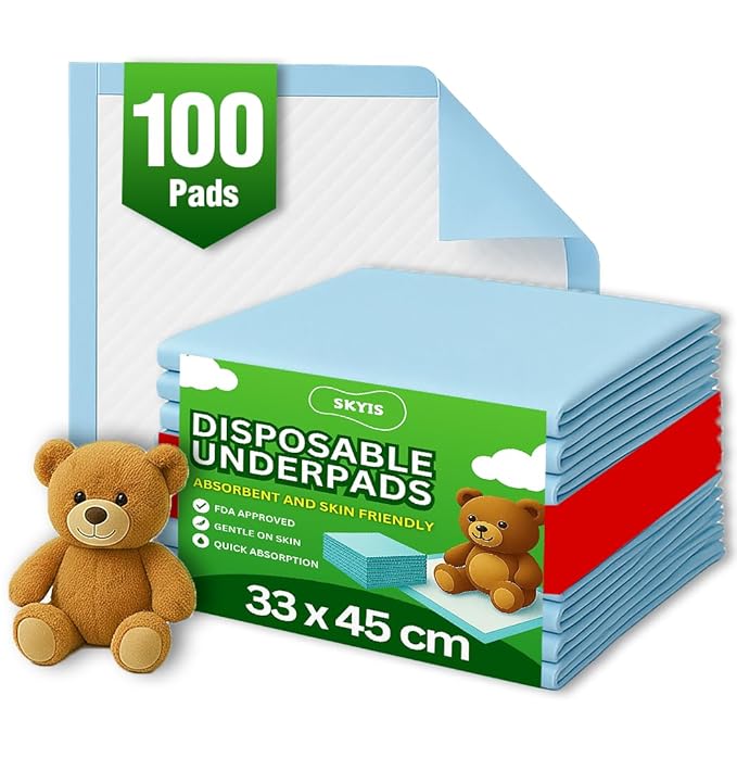 Baby Change Mat 45 x 33 CM (100-Count) Baby Pee Pads, Baby Changing Pad, Waterproof Bed Pad -Thick Super Absorbent Pads Disposable Underpads for Kids, Adults, Elderly - Liquid, Urine