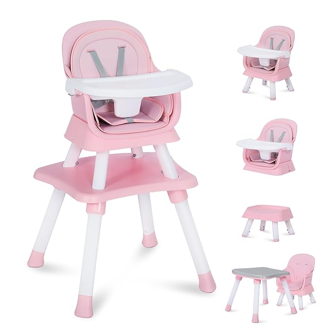 Baby High Chair, 8 in 1 Convertible Highchair, Booster Seat, Building Block/Activity Table, Stool, Feeding Chair with Dishwasher-Safe Tray, High Chairs for Babies and Toddlers (Pink)