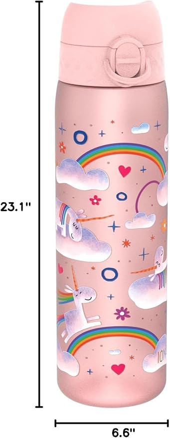 Ion8 Water Bottle, 500 ml/18 oz, Leak Proof, Easy to Open, Secure Lock, Dishwasher Safe, BPA Free, Flip Cover, Carry Handle, Easy Clean, Odor Free, Carbon Neutral, Pink, Unicorn Rainbows Design