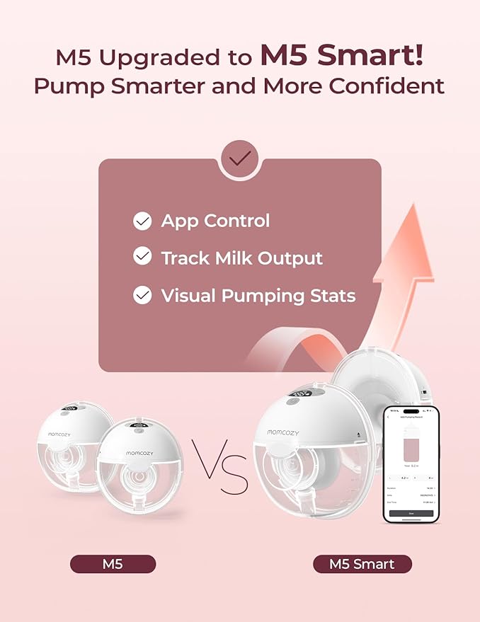 Momcozy M5 Smart APP Controlled Wearable Breast Pump, Hands-Free Wireless Electric Pump, 3 Modes 9 Suction Levels, BPA-Free, Portable Lightweight, 24mm Flange, 1-Pack Quill Gray
