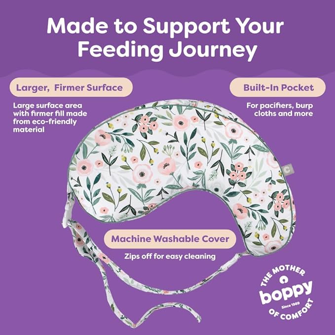 Boppy Uplift Nursing Pillow - Wedge Bottle & Breastfeeding Pillow to Reduce Spit-Up and Reflux Symptoms, with Body-Inclusive Opening and Belt, Baby Safety Alliance Verified - Pink Garden Flowers