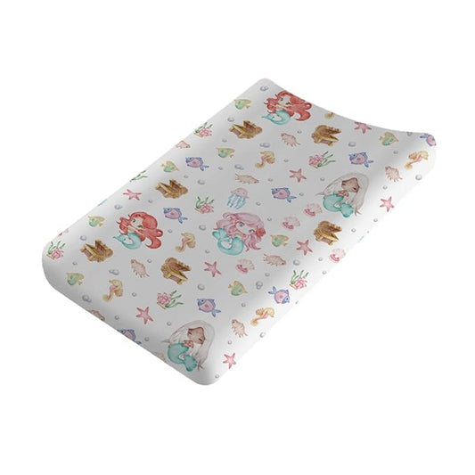 Watercolor Mermaids Changing Pad Covers Ocean Animals Fish Sea Horse Jellyfish Conch Coral Diaper Change Table Sheets for Boy Girl Soft Breathable Stretch Baby Change Table Pad Mats Covers 32''x16''