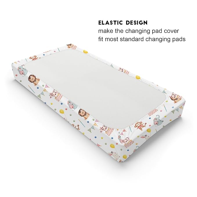 Watercolor Circus Animals Changing Pad Covers Cute Monkey Elephant Rabbit Pig Unisex Diaper Change Table Sheets for Boys Girls Soft Breathable Stretch Changing Mat Sheets Cover 32''x16''