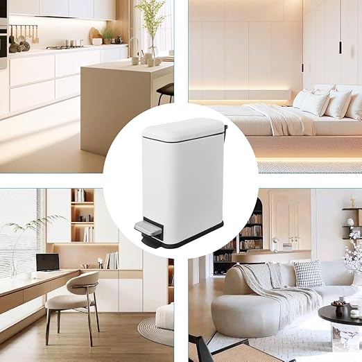 Small Bathroom Trash Can with Lid, 5L/ 1.3 Gallon Trash Can with Removable Inner Bucket, Slim Trash Can with Soft Close lid, Stainless Steel Step Pedal Garbage Can for Bathroom, Office, White