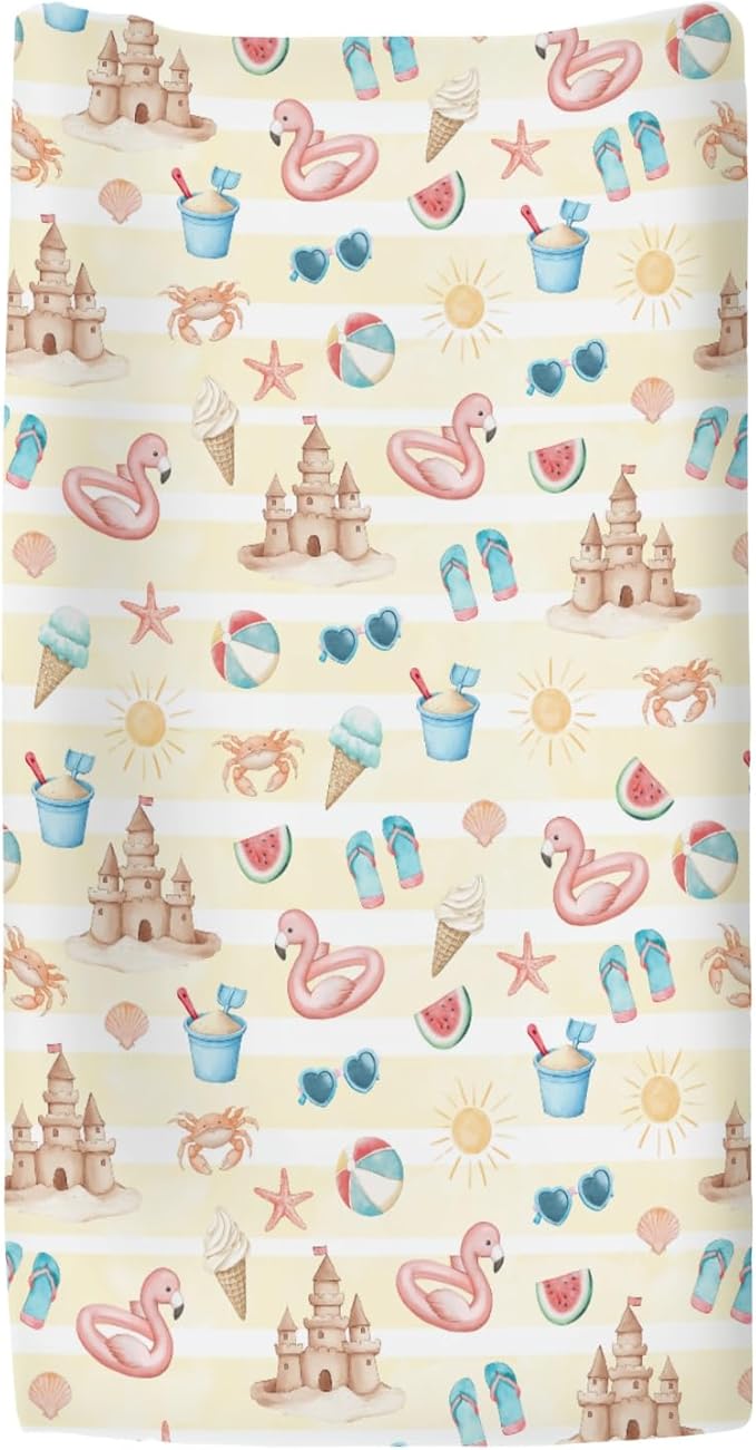 Summer Beach Seaside Changing Pad Covers for Baby Girls Boys Ice Cream Sand Flamingo Sun Fitted Change Table Pad Covers Mats Boho Travel Vacation Soft Diaper Changing Pad Sheets 32''×16''