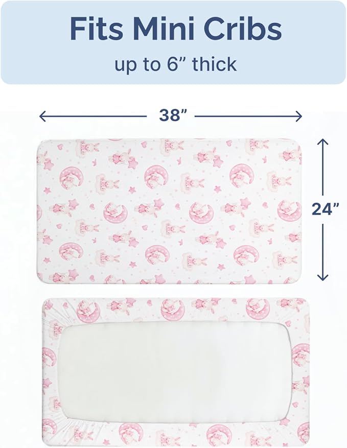 2-Pack Mini Crib Sheets Fitted - Pack N Play Sheets for Pack and Play Mattress - Stretchy Soft Microfiber Playard Bedding - Mini Toddler Bed Cover for Boys & Girls - Oeko-Tex - 38 x 24in, Bunny Dream