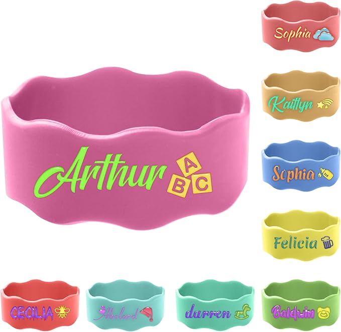 4 Pcs Personalized Water Bottle Labels, Reusable Bottle Name Bands, Daycare Labels with Name, Washable Bottle Tag, Elastic Silicone Sippy Cup Strap