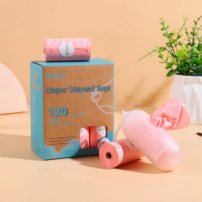 USBOO Disposable Diaper Bags for Baby - 8 Refill Rolls (120 Pack), Disposable Trash Bag with Dispenser - Cherry Blossom Scented, Pink, Ideal for Diaper Disposal