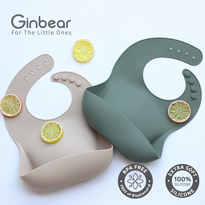 Ginbear Silicone Bibs for Babies, Waterproof Adjustable Silicon Rubber Baby Feeding Bibs with Food Catcher Pocket for Toddlers 6 Months+ (Dark Sage/Almond)