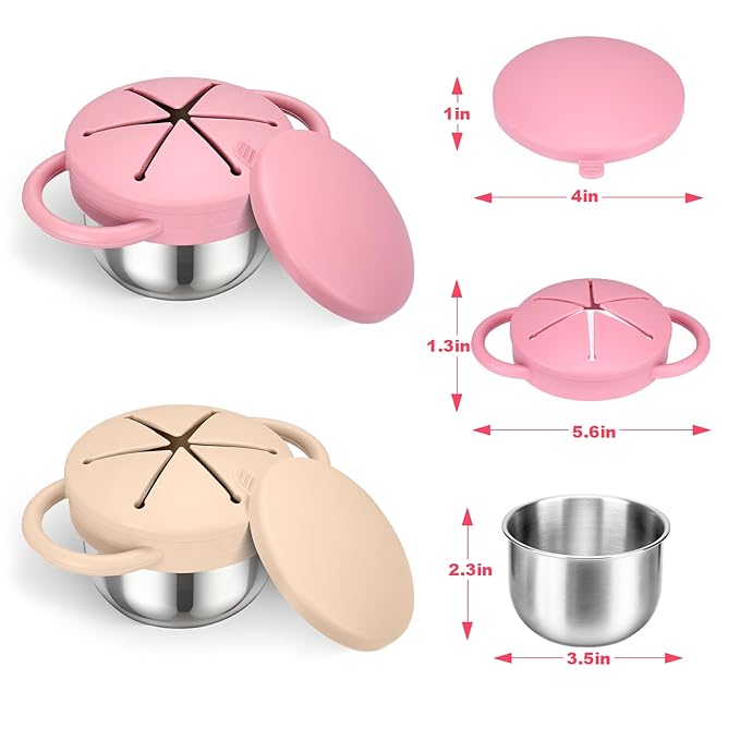 Palksky Toddler Snack Cups Stainless Steel for Kids, 2Pack 3-in-1 Snackle Containers with Spill-Proof Silicone Lids,Handles, Metal Baby Snack Box No-Spill for On-The-Go, Travel - Yellow and Pink