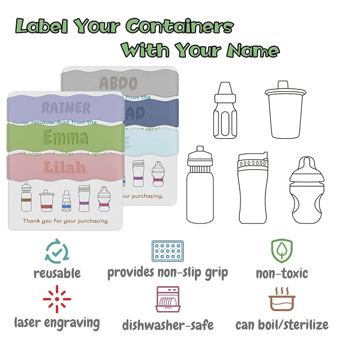3 Pack Personalized Water Bottle Name Bands, Custom Silicone Baby Bottle Labels for Daycare Reusable, Laser Engraving Bottle Name Tags, Customized Kids Cups Grip Straps Waterproof