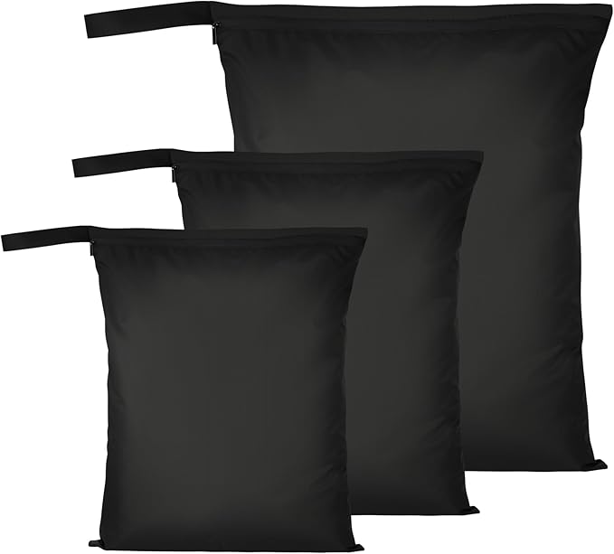 3PCS Wet Bags, Waterproof Travel Laundry Bag, Reusable Cloth Diaper Bags with Handle & Zipper, Washable Travel Tote Organizer Yoga Bag for Baby Items, Wet Swimsuits, Beach, Gym, Camping (Black)
