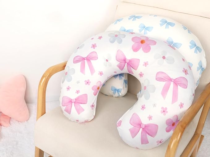 Hooyax Nursing Pillow Covers 2 Pack - Ultra Soft & Stretchable Breastfeeding Pillow Slipcovers, Adorable Cover for Infant Feeding Pillow, for Most Standard Pillows (Bow Flower)