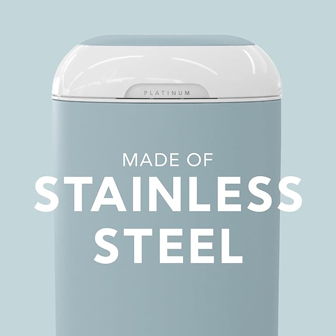 Platinum Diaper Pail Glacial Blue, Made of Durable Stainless Steel, Convenient Easy to Use Hands-Free Operation, Odor-Locking Pail, Includes 2 Easy Roll Refill with 18 and 30 Durable Bags