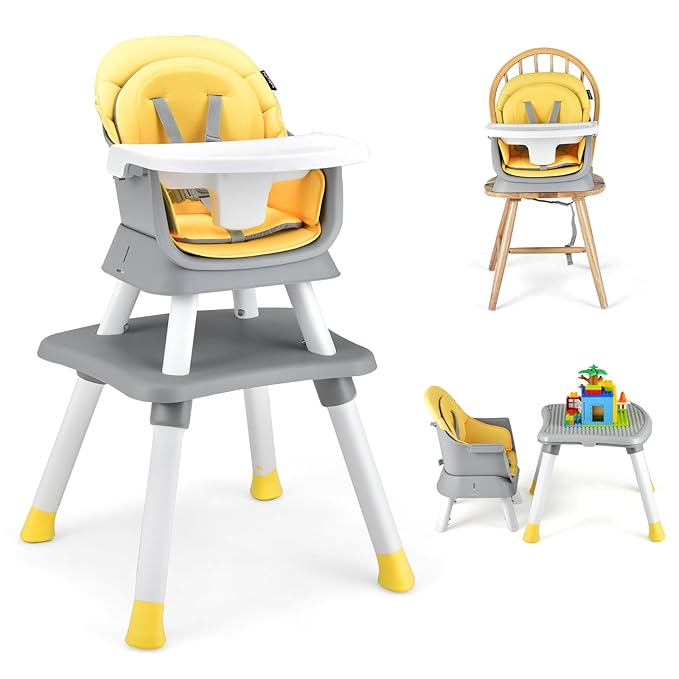 GLACER 8 in 1 Convertible Baby High Chair - Adjustable High Chairs for Babies and Toddlers with Removable Tray, Dual Cushions, Activity Table and Chair Set, Booster Seat, Stool (Yellow)