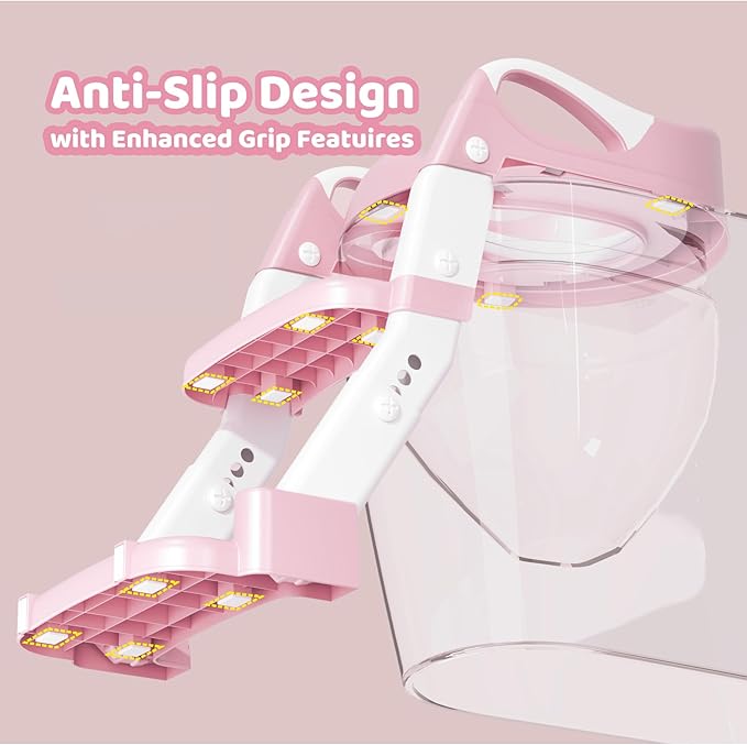 3-in-1 Potty Training Seat & Training Toilet & Potty Chair, Height AdjustableToddler Toilet Seat for Kids, Foldable Potty Training Toilet with Splash Guard & Anti-Slip Steps (Pink)
