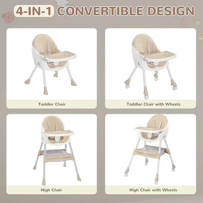 Ktaxon Foldable Baby High Chair, 2-in-1 Portable Convertible Highchair with 5-Point Safety Harness, Easy to Clean Tray and Storage Bag for Toddlers & Babies, Beige