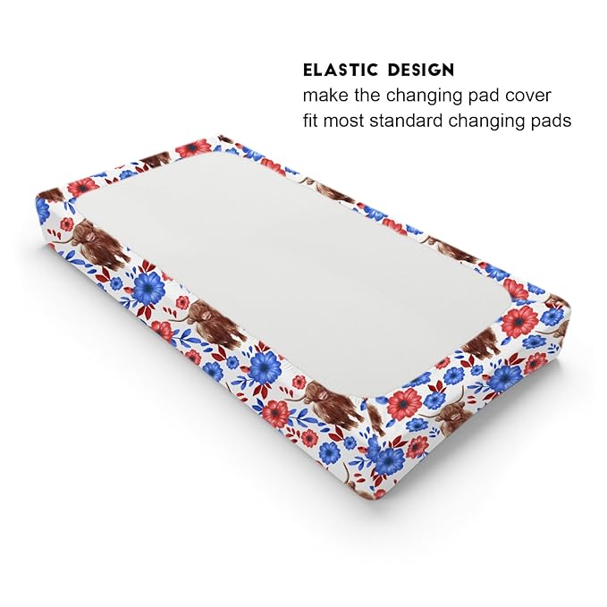 Highland Cows Boho Floral Changing Pad Cover Cute Yak Red Blue Flowers Diaper Changing Table Cover Sheets for Boys Girls Soft Breathable Stretchy Fitted Changing Table Mats 32''x16''