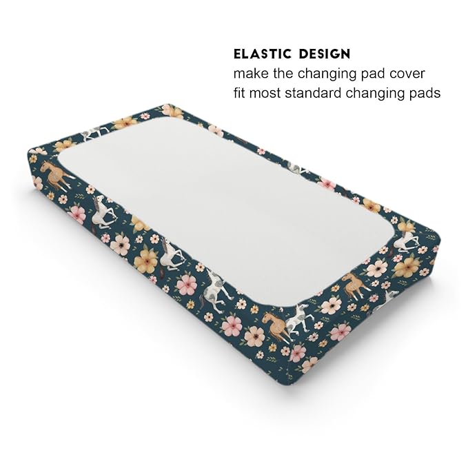 Watercolor Horse Boho Floral Changing Pad Cover Cute Horses Baby Diaper Change Table Pad Cover for Boys Girls Soft Breathable Stretch Snug Fitted Diaper Changing Mat Sheets Covers 32''x16'' Navy