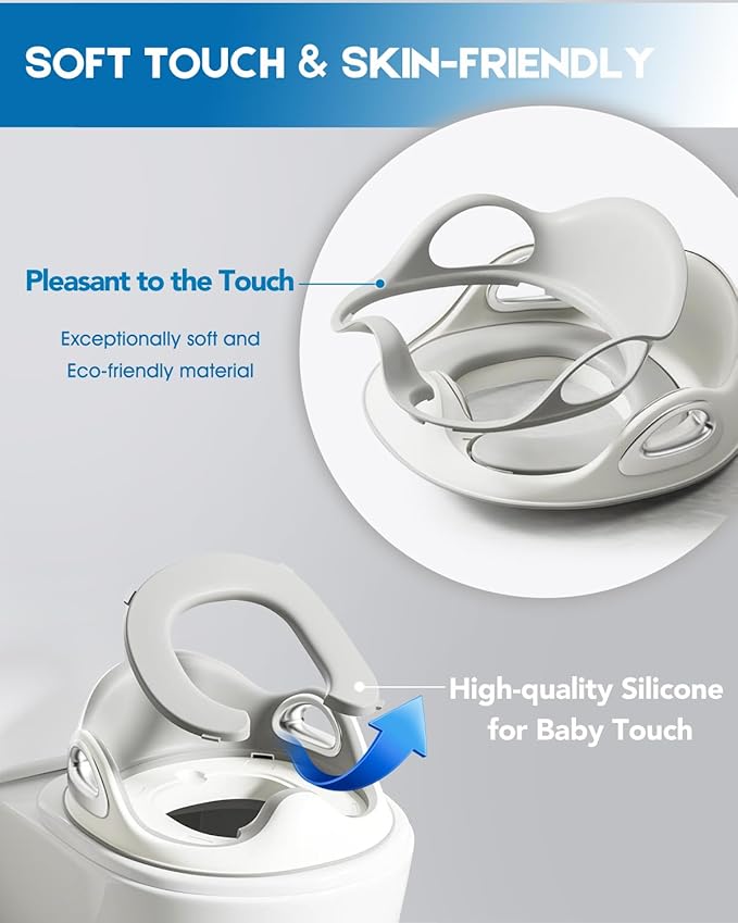 Potty Training Toilet Seat, Toddler Toilet Seat Attachment with Safety Handles, Detachable Soft Cushion, Anti-Slip Design and Splash Guard, Baby Potty Seats for Kids, Boys and Girls (Grey)