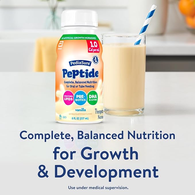 PediaSure Peptide 1.0 Cal, Peptide-Based Formula, Sole-Source Nutrition Drink for Tube Feeding or Oral Nutrition, Vanilla, 8-fl-oz Bottle, Pack of 24