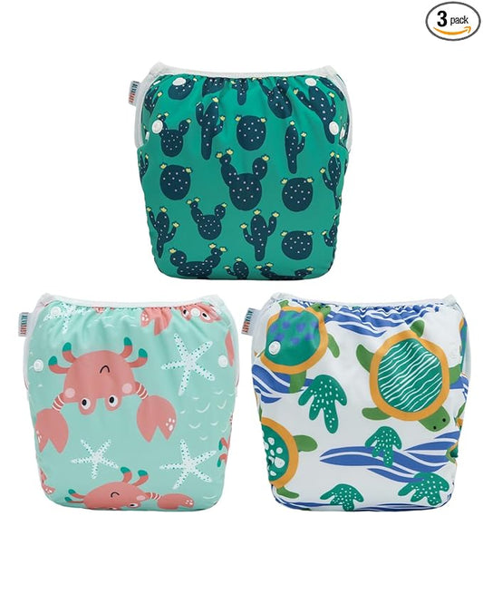 ALVABABY Large Cloth Swim Diaper 3pcs Baby/Toddler/Infant Snap Reusable Adjustable Swimming Diaper Baby Boy and Girl 3ZSWY69A