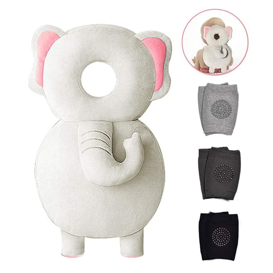 Head Protector & Knee Pads for Crawling, Toddlers Head Safety Pad Adjustable Backpack, Baby Back Protection for Walking & Crawling, Elephant