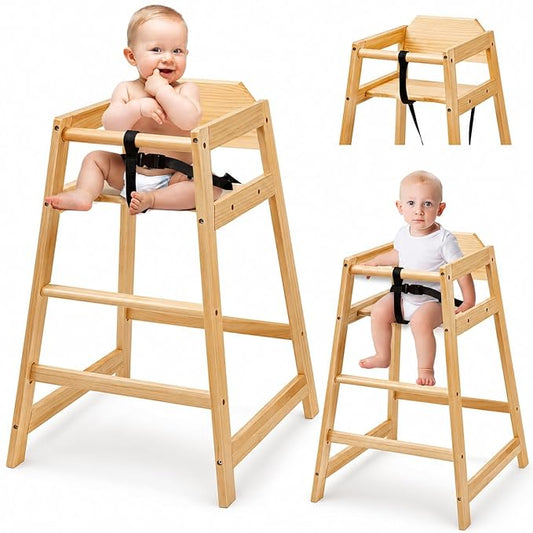 Wooden High Chairs for Babies and Toddlers, Restaurant-Style Stackable High Chair with Commercial Grade Solid Wood for Dining Table & Kitchen, Easy to Clean Baby Booster Seat -Natural