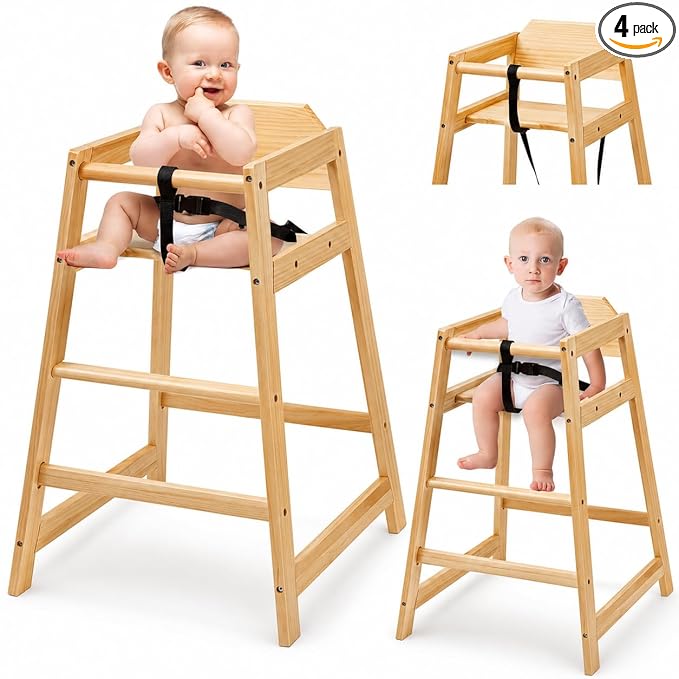 4 Pack Wooden High Chairs for Babies and Toddlers, Restaurant-Style Stackable High Chair with Commercial Grade Solid Wood for Dining Table & Kitchen, Easy to Clean Baby Booster Seat -Natural