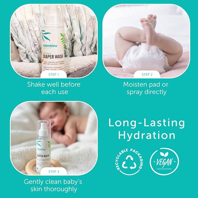 Mambino Organics Diaper Area Wash, Gentle No-Rinse Diaper Rash Spray for Sensitive Skin, Baby Cleansing Water with Organic Chamomile, Vegan, Safe for Newborns, 5 fl oz