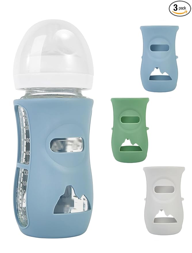 3 Pack Silicone Sleeves for Avent Natural Glass Baby Bottles, Protection and Insulation, Baby Bottle Sleeve Compatible with Avent Glass Bottles 8 oz, Dishwasher Safe (Blue+Green+Grey)