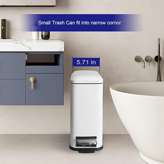 Small Bathroom Trash Can with Lid, 5L/ 1.3 Gallon Trash Can with Removable Inner Bucket, Slim Trash Can with Soft Close lid, Stainless Steel Step Pedal Garbage Can for Bathroom, Office, White