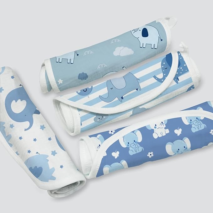 5pcs Elephant Burp Cloths for Baby Boys Girls 100% Cotton Blue Elephant Themed Design Burp Rags, Soft Breathable Muslin Burping Cloths Absorbent Spit-Up Cloths for Infant Newborns