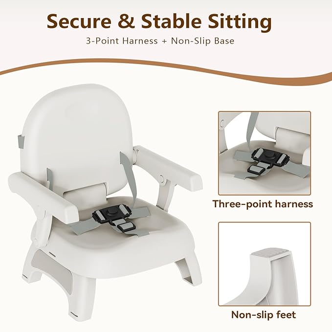 Booster Seat for Kitchen Chair, 3-in-1 Foldable & Portable Booster Seat with Tray, Extra Dishwasher-Safe Tray, Safety Straps for 6–18M (Up to 30 lbs), for Dining Table, Travel & Camping, Gray