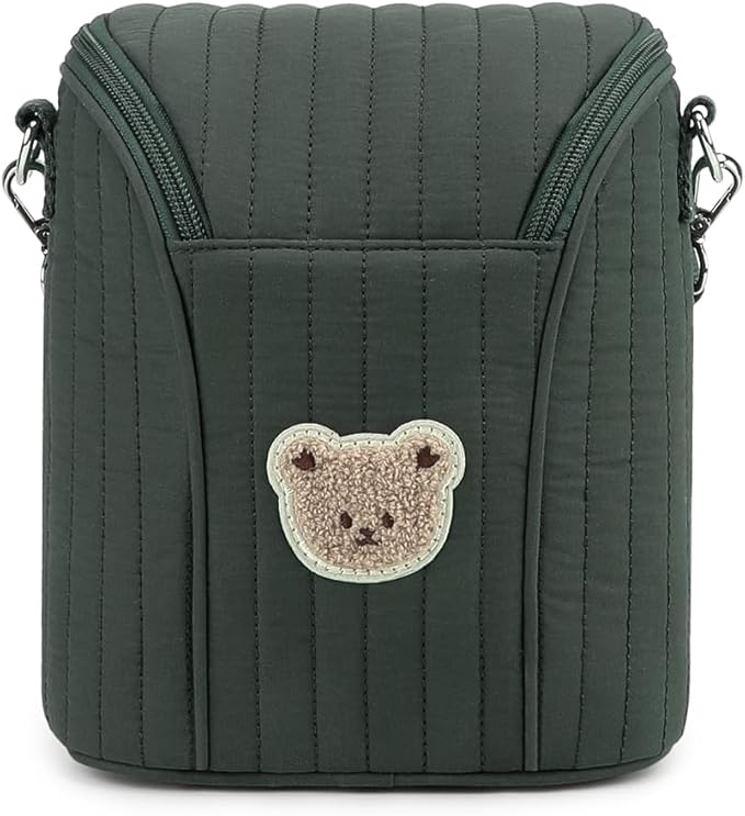 Lmbabter Embroidered Bear Stroller Organizer Tote Bag, Bottle Insulation Pouch, Portable Cooler Storage Essential for Milk/Breast Pump,Baby Travel Supplies (Green)