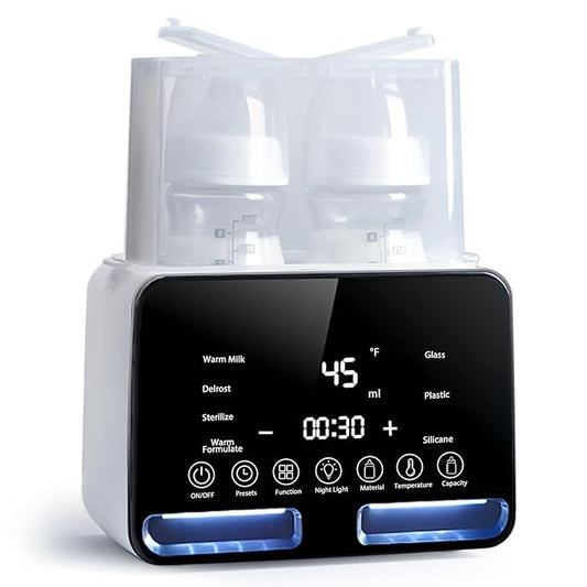 Losbenco Double Bottle Warmer and Steri-lizer, 8-in-1 Fast Baby Milk Warmer with Timer for Breastmilk or Formula, Multifunctional Bottle Warmer with Food Heater Defro