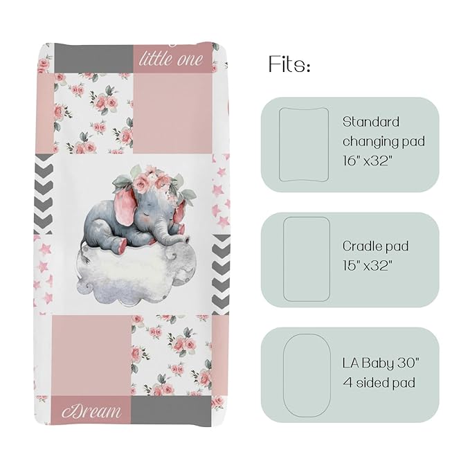 HawSkgFub Sleeping Elephant Floral Changing Pad Cover for Baby Girls Pink, Dream Big Little One Flower Diaper Change Table Covers, Soft Stretchy Safe Snug Fitted Changing Mat Sheets Fit 32"/34" x 16"