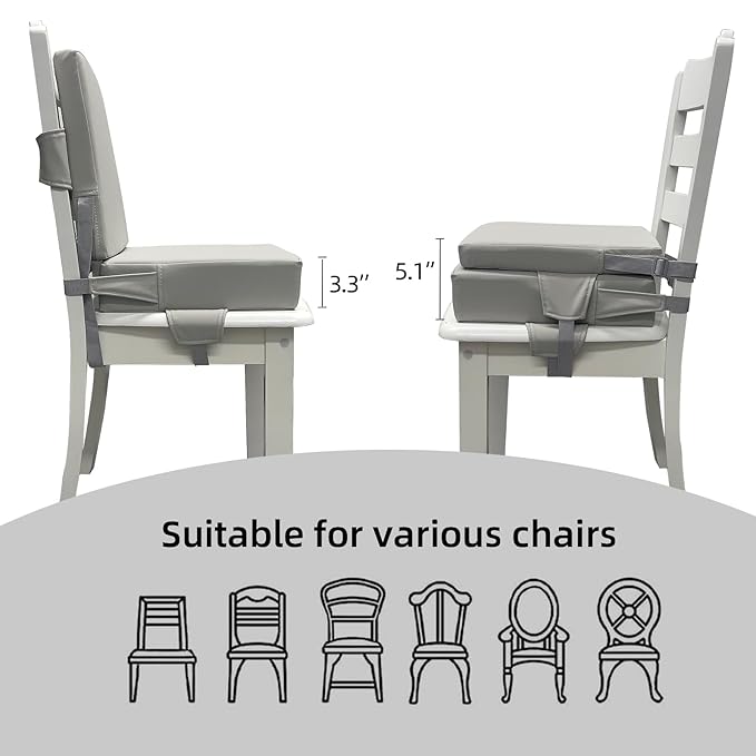 Eiury Booster Seat for Dining Table, PU Anti-Scratch Easy Cleaning Kids Toddler Booster Seat for Table, Portable Travel Increasing Cushion for Chair - Light Grey
