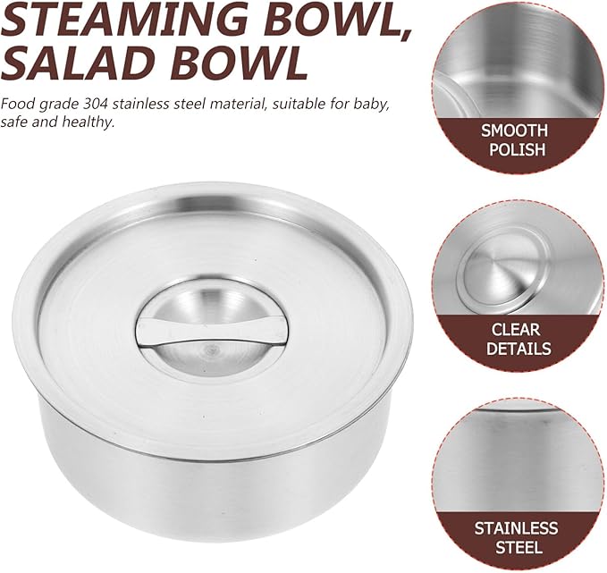 Cabilock Stainless Steel Baby Food Bowl with Lid 4.72 Inch Portable Steamed Egg Soup Container Supplementary Feeding Bowl for Home Cooking Picnic Camping